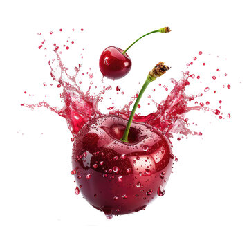 A tart cherry with splashes of cherry juice, isolated on transparent background