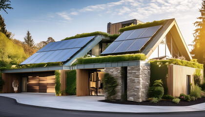 Modern home with a flat roof, large windows, and solar panels covering the roof