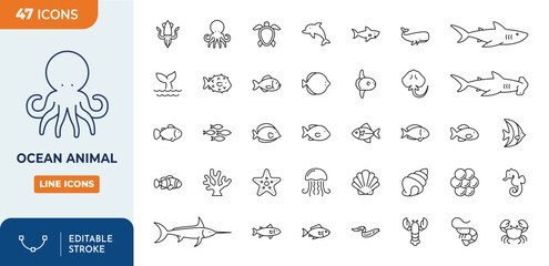 Sea Life & Ocean Animals icon set. Contain icons related to Marine Life. Editable stroke. Vector illustration  © Cetacons