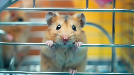 Cute funny Syrian hamster looking out of the cage