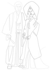 Fototapeta premium Japanese Shinto wedding attire illustration with black and white continuous line drawing. 