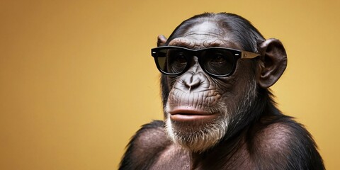 Obraz premium Chimpanzee with Sunglasses on a Solid Background, Featuring Ample Copy Space 