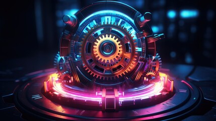 Photograph of a futuristic gear mechanism with glowing neon lights, showcasing innovation and technological advancement
