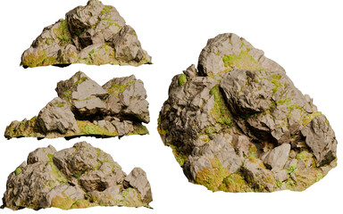 Collection of big rock stones isolated on transparent background. Realistic 3D render.	
