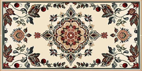 Illustration of a desert rose on an ornate oriental carpet. Traditional oriental art.