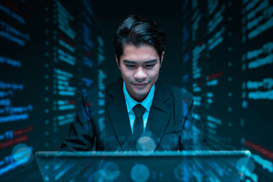 Software engineer occupation in information technology IT, analyze data, solve problems, and innovative thinking solutions. Programmer using a laptop with a virtual coding data information screen. - Powered by Adobe