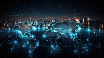 Photograph of a global network of data centers illuminated against a dark background, representing the backbone of the digital world and its ability to connect people worldwide.