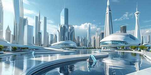 Daytime in a Futuristic City, Modern Urban Landscape of the Future, Sleek flying pods navigate between towering skyscrapers in a sunlit futuristic cityscape with curved highways
