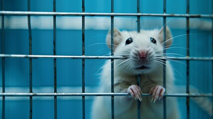 Obraz premium Funny white laboratory rat standing and looking out of a cage