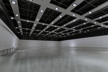 Naklejka premium Empty hall exhibition centre.The backdrop for exhibition stands, booth,market,trade show.Conversation for activity,meeting.Arena for entertainment,event,sports.Indoor for Factory,showroom.3d render.