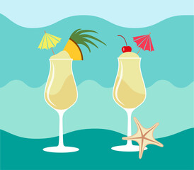 Pina Colada is a tropical cocktail. Colored vector icons on sea background.