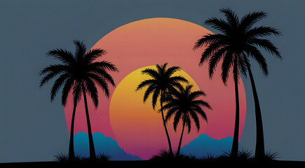 Minimalistic 2d Plain aesthetic logo of palm trees and sunset silhouette in black, blue, orange and pink color, vintage 80s style, for a logo or a t-shirt design icon logo style 2d on plain background