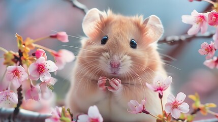 Golden Hamster with cherry blossoms