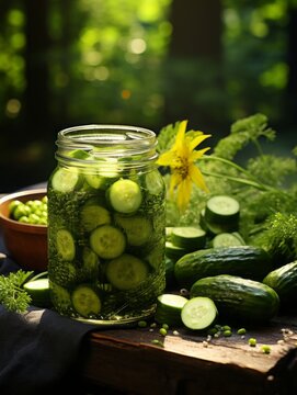 glass jar with cucumbers in a marinade. canning vegetables outside. natural products. vegetarian food, snack.