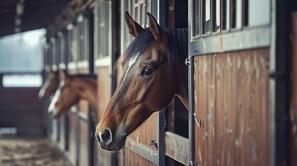 Horse with shiny dark mane sticks its head out of window in stall in stable