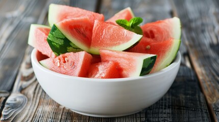 Fresh watermelon slices served in a white bowl on rustic wooden table, perfect for summer refreshment and healthy eating concepts.