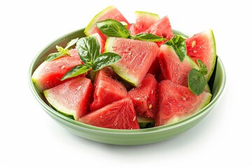 Freshly sliced watermelon in a green bowl garnished with basil leaves, highlighting a vibrant and refreshing summer snack.