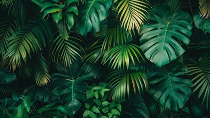 Lush green tropical plant foliage, detailed close-up of vibrant leaves creating a natural jungle ambiance. Perfect for nature backgrounds and wallpapers.