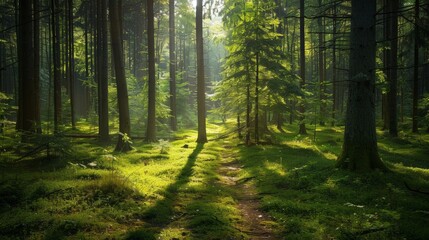 Serene forest landscape with sun rays piercing through tall trees highlighting a peaceful woodland path during daytime.