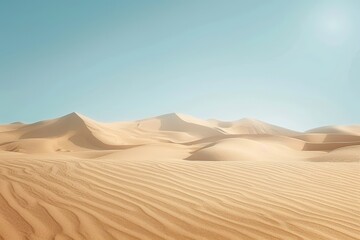 Vast, serene desert landscape with golden sand dunes under a bright blue sky, captured on a sunny day, showcasing nature's beauty and tranquility.
