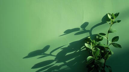 A minimalist photograph of a plant casting shadows on a green wall, capturing the essence of natural beauty and simplicity.