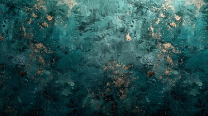 Artistic teal and gold abstract background with textured paint strokes and grunge elements. Ideal for contemporary designs and creativity.