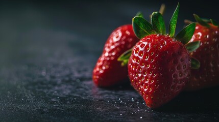 Close-up of fresh, ripe strawberries with green leaves on a dark background, showcasing vibrant colors and glistening textures.