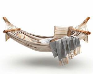 Cozy hammock with striped pillows and blankets isolated on white background, representing relaxation and comfort in outdoor and indoor spaces.