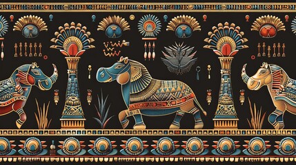 Obraz premium Captivating Egyptian-style hippopotamus pattern with vibrant colors. Wall decor concept.