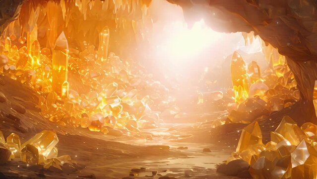 As you venture into the fifth cave you are greeted with walls made of golden citrine gems casting a warm and inviting glow throughout the space. The walls seem to resonate with a peaceful
