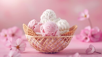 Wafer basket with vanilla ice cream pink and creamy background