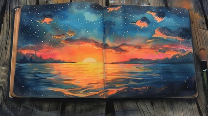 Sketchbook filled with whimsical drawings of dreamy sunsets and starlit skies.