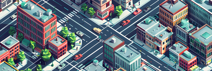 Obraz premium Vibrant Isometric Urban Cityscape with Diverse Architecture and Lively Streets