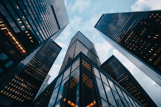 Modern office building in a downtown city with glass skyscrapers reflecting perspective ant eye view