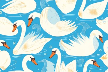 Obraz premium Swans on blue water seamless pattern