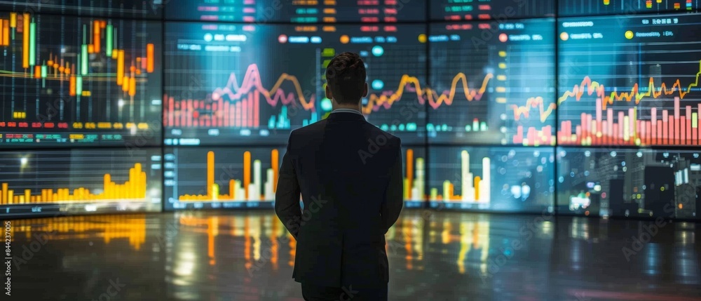 Wall mural A businessman stands before a wall of glowing stock market data.