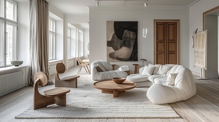 Bright and airy modern living room with stylish furniture and large windows allowing natural light to enhance the space. 
