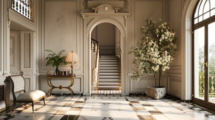 Sunlight streams into a luxurious grand foyer with marble floors and elegant staircase, accented by an ornate floral arrangement. 