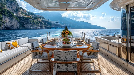 Luxury yacht dining area set for a meal with a breathtaking view of the sea and cliffs under a...