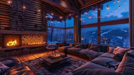 Naklejka premium Cozy log cabin interior with a warm fireplace and festive lights, showcasing a snowy landscape at twilight through large windows. 
