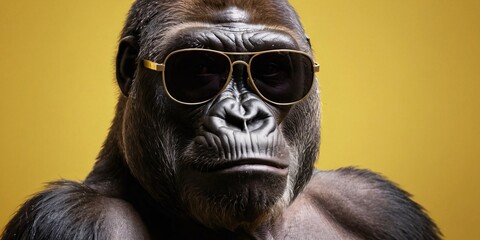 Fototapeta premium Chimpanzee with Sunglasses on a Solid Background, Featuring Ample Copy Space 