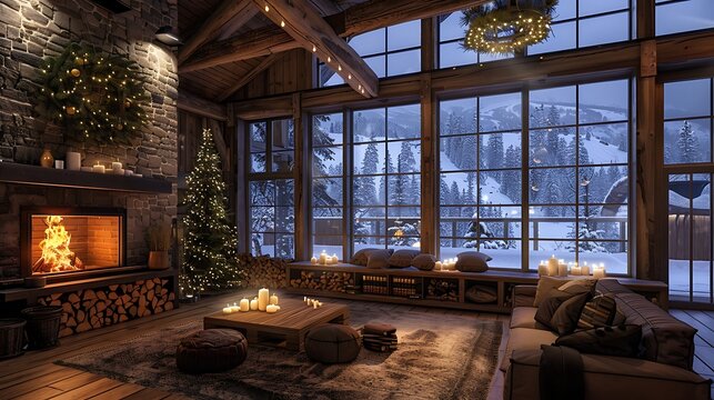 A cozy cabin interior with a warm fireplace and Christmas decorations during the evening in a snowy mountain setting. 