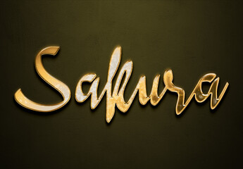 Old gold text effect of name Sakura with 3D glossy style Mockup.
