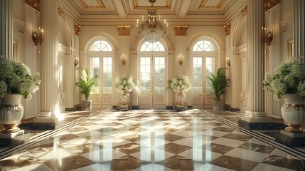 Fototapeta premium Luxurious grand hall with marble floor, large windows, and opulent decor bathed in natural light. 