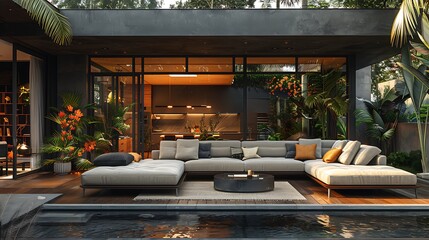 Modern luxury living room with open space to nature and stylish furniture design under soft evening lighting, symbolizing comfortable living with a touch of luxury. 