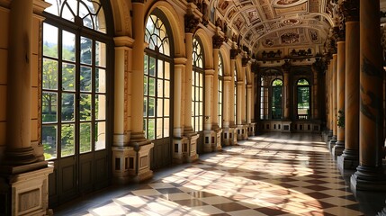 Obraz premium Elegant interior of a historic building bathed in natural sunlight with large arched windows and ornate ceiling details