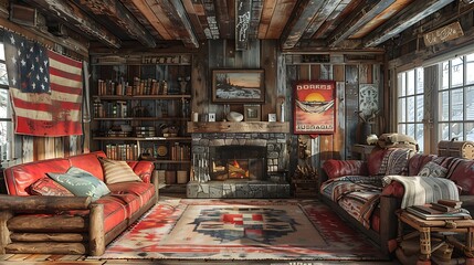 Obraz premium Cozy rustic cabin interior with a warm fireplace, comfortable furniture, and American flag decoration, ideal for a winter retreat. 