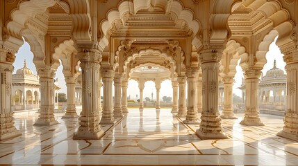Majestic marble columns and arches of a traditional Indian palace bathed in natural light 