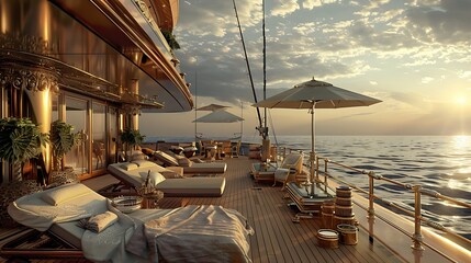 Fototapeta premium Luxurious yacht deck furnished with sun loungers and umbrellas at sunset, evoking an atmosphere of exclusive relaxation and travel. 