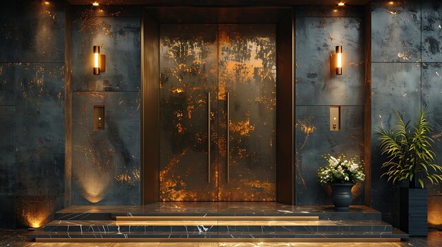 Modern elevator doors with elegant rustic finish in a luxury building interior design, illuminated by wall lamps.